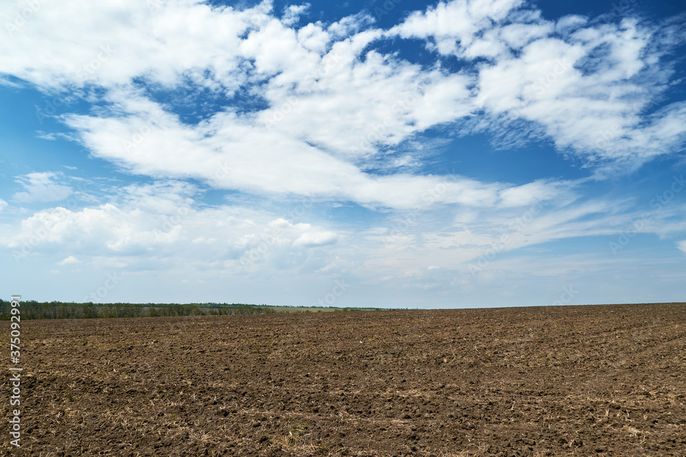 plowed field and blue sky, soil and clouds of a bright sunny day - concept of agriculture plowed field and blue sky, soil and clouds of a bright sunny day - concept of agriculture