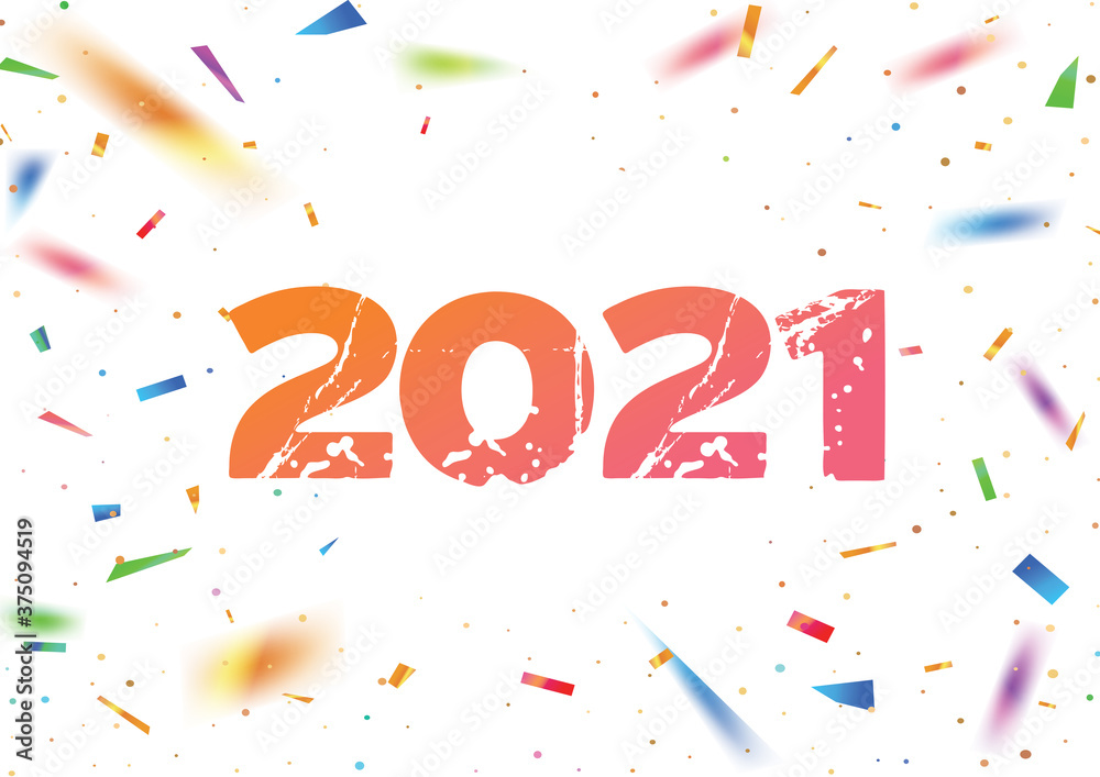 Vector party template background with the number 2021 year and colorful rainbow confetti