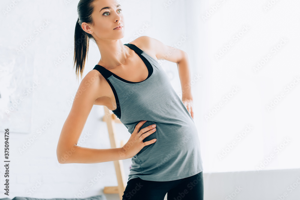 Pregnant woman in sportswear with hands on hips training in living room Pregnant woman in sportswear with hands on hips training in living room