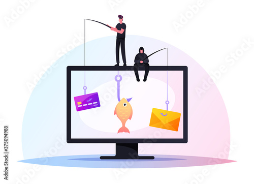 Tiny Hackers Hacking Credit Card or Personal Data. Male Characters Sit on Huge Computer with Rods Phishing via Internet