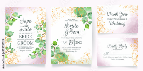 wedding invitation card template set with watercolor decoration