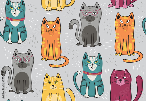 Seamless pattern with cats. Background for fabric, textile, wallpaper, posters, gift wrapping paper, napkins, tablecloths, pajamas. Print for kids, baby, children