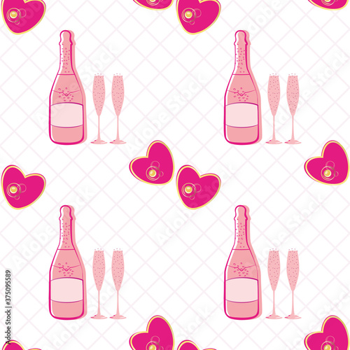 Champagne and hearts seamless vector pattern background. Pink bottles, glasses, fizzy drink on white textured backdrop. Elegant sparkling rose wine all over print for engagement, Valentine celebration