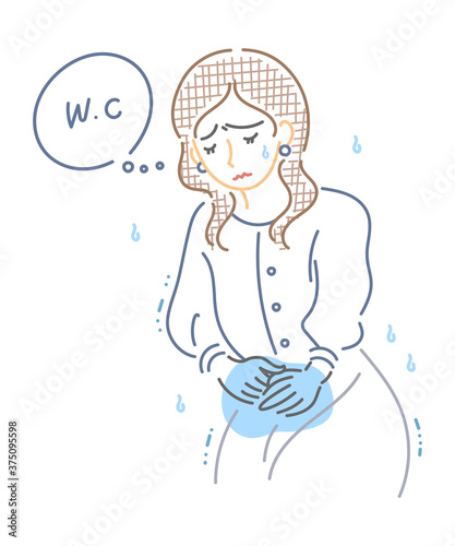 トイレに行きたい女性のイラスト（線画）
