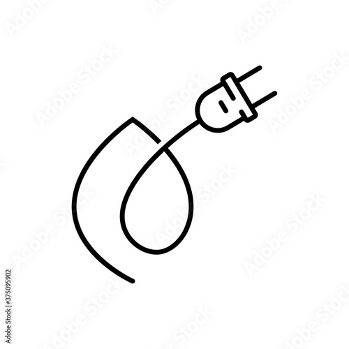 Concepto energía eléctrica limpia y renovable. Logotipo lineal enchufe eléctrico con cable con hoja de planta como nudo en color negro