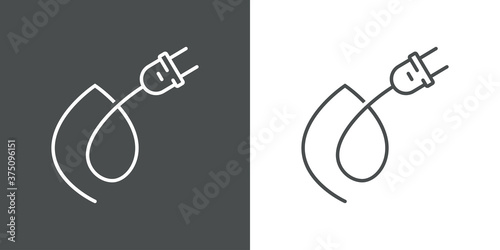 Concepto energía eléctrica limpia y renovable. Logotipo lineal enchufe eléctrico con cable con hoja de planta como nudo en fondo gris y fondo blanco