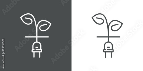 Concepto energía eléctrica limpia y renovable. Logotipo lineal enchufe eléctrico con cable como planta en fondo gris y fondo blanco
