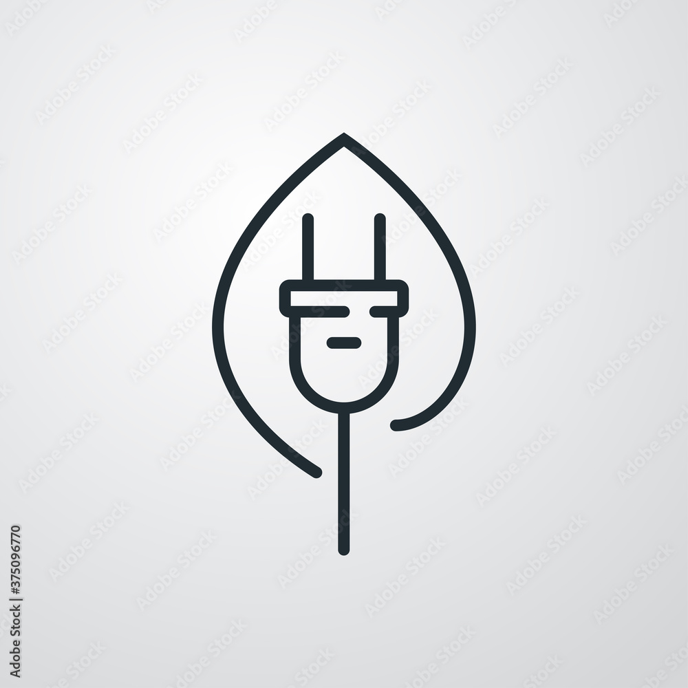 Concepto energía eléctrica limpia y renovable. Logotipo lineal enchufe eléctrico con cable dentro de hoja de planta en fondo gris Concepto energía eléctrica limpia y renovable. Logotipo lineal enchufe eléctrico con cable dentro de hoja de planta en fondo gris