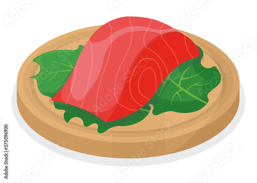 Piece fish tuna salmon, fresh steak tenderloin on wooden kitchen board isolated on white, cartoon vector illustration. Healthy fat seafood stuff icon food.