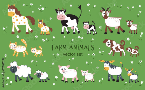 Cartoon farm animals set. Vector illustration. Vector animals collection isolated on white background: goat, sheep, cow, donkey, horse, pig, cat, dog. © Julia