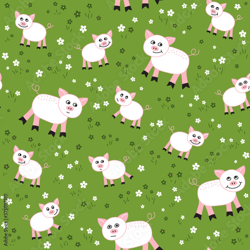 Vector Seamless pattern with pigs  in  the meadow. Loop pattern for fabric  textile  wallpaper  posters  gift wrapping paper  napkins  tablecloths. Print for kids  children. 