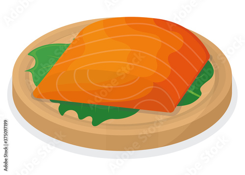 Piece fish tuna salmon, fresh steak tenderloin on wooden kitchen board isolated on white, cartoon vector illustration. Healthy fat seafood stuff icon food.