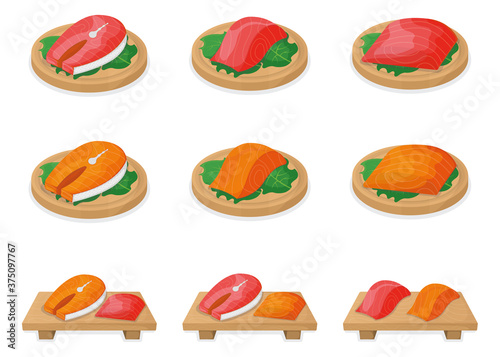 Set of piece fish tuna salmon, fresh steak tenderloin on wooden board isolated on white, cartoon vector illustration. Healthy fat seafood stuff icon food.