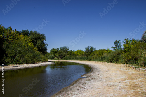 Dry river in summer, water crisis due to climate change or drought. View of the dry river.