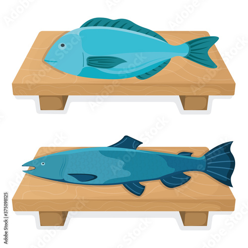 Fresh fish, cartoon style isolated on white, flat vector illustration salmon. Concept minnow seafood. Sea product for sushi, omega 3 foodstuff.