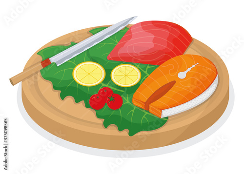 Cut up tuna fish and salmon minnow on wooden kitchen board concept isolated on white, cartoon vector illustration. Design preparation seafood, sharp knife slice meat.