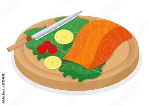 Cut up tuna fish and salmon minnow on wooden kitchen board concept isolated on white, cartoon vector illustration. Design preparation seafood, sharp knife slice meat.