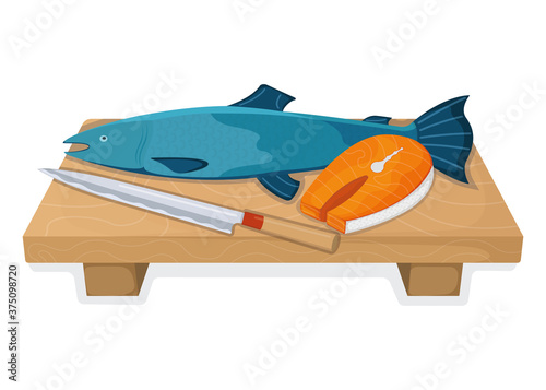 Atlantic salmon fish food concept, fresh humpback foodstuff cartoon style isolated on white, flat vector illustration. Kitchen board with sharp knife.