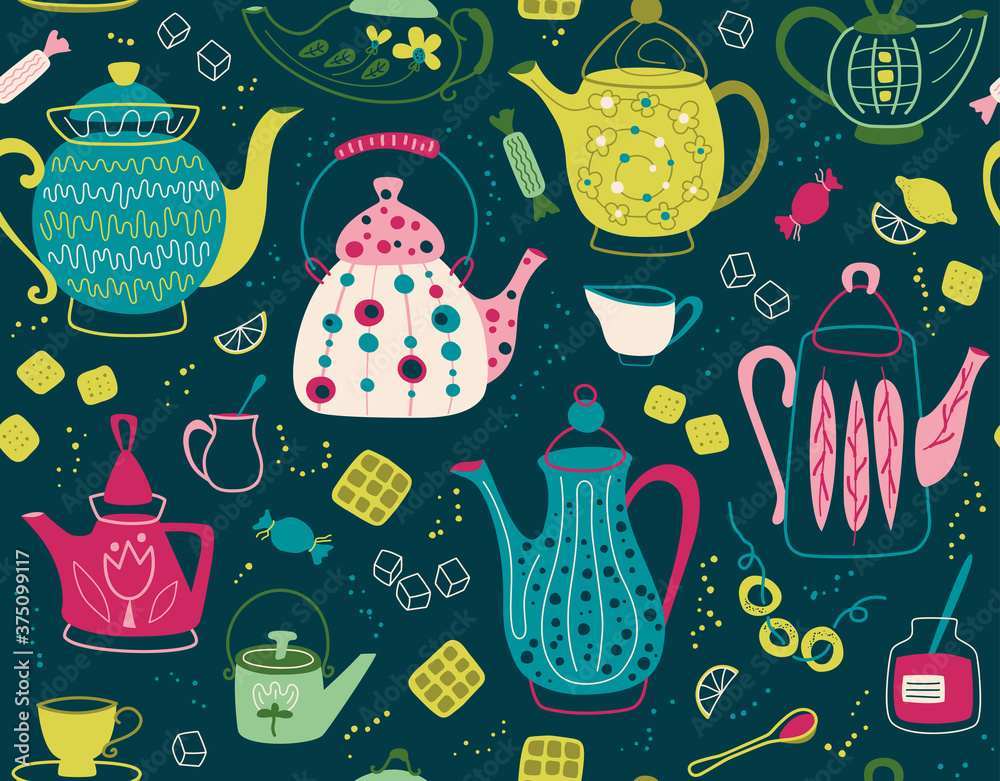 Seamless pattern with teapot. Background for fabric, textile, wallpaper, posters, gift wrapping paper, napkins, tablecloths. Print for kids, baby, children