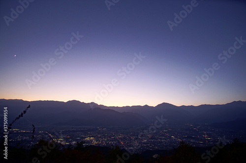 view of mountain silhouette on twilight sky after sunset  Japanese alps  Nagano  Japan