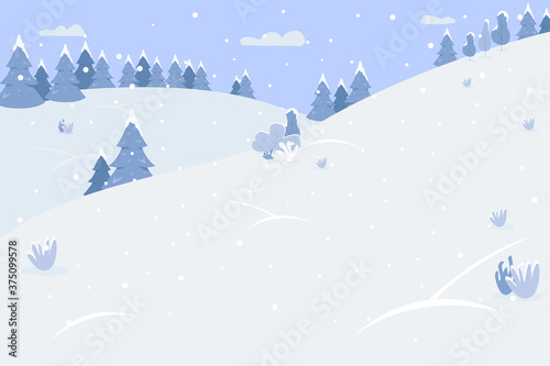 Snow mountains semi flat vector illustration. Winter resort for extreme sports. Place with trees and hills. Snowfall on traditional holiday. Cold season 2D cartoon landscape for commercial use