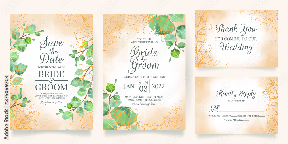 wedding invitation card template set with watercolor decoration