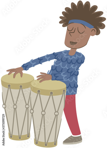 Afro boy playing the bongos. Retro style illustration of a little black boy playing the bongos.