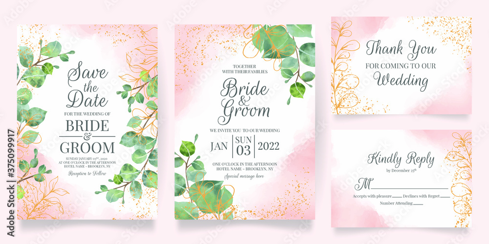 wedding invitation card template set with watercolor decoration