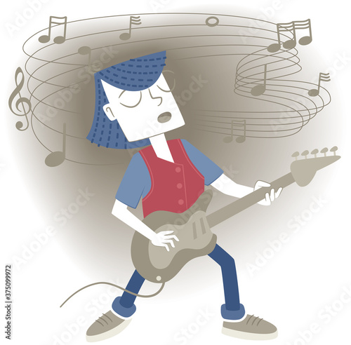 Playing electric guitar. Retro style illustration of a little girl playing the electric guitar on a background with musical notes.