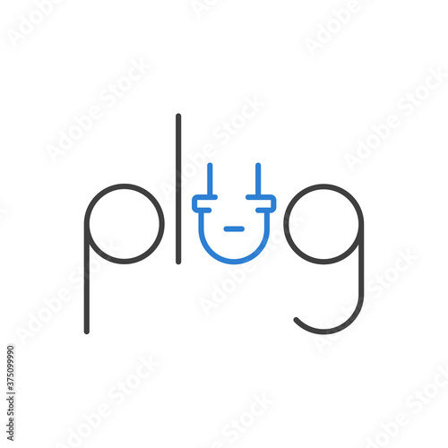 Concepto energía eléctrica. Logotipo lineal palabra plug como enchufe eléctrico en azul y gris