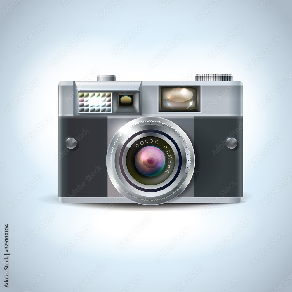solated realistic vector illustration of vintage photo camera. Silver metallic and black plastic body. Glance lens with flares. Cool and neutral light background. Editable EPS vector