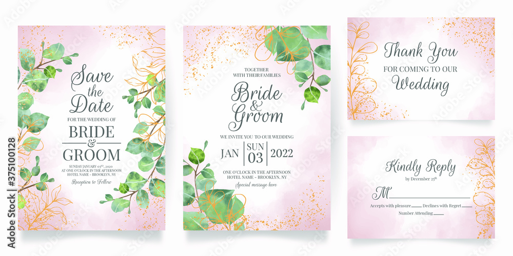 wedding invitation card template set with watercolor decoration