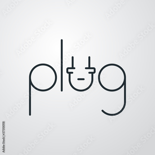 Concepto energía eléctrica. Logotipo lineal palabra plug como enchufe eléctrico en fondo gris