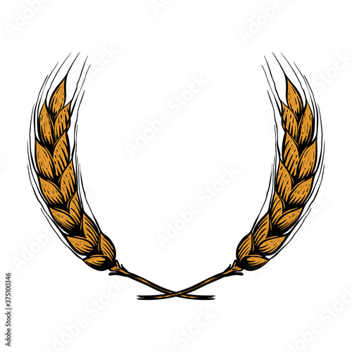 Illustration of wreath from wheat spikelets in engraving style. Design element for poster, card, banner, menu. Vector illustration