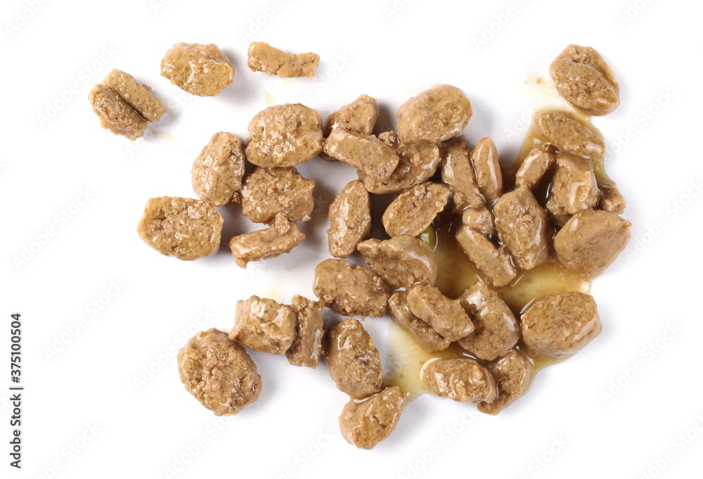 Dog food with meat and vegetable chunks isolated on white background, top view Dog food with meat and vegetable chunks isolated on white background, top view