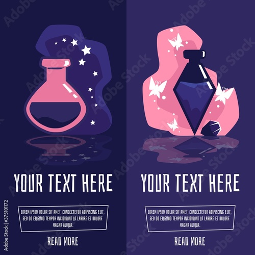 Magic potion bottle banner set - glass bottles with mystery elixir