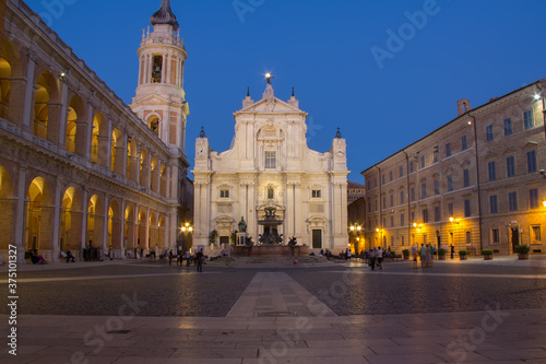 Loreto, Marche, province of Ancona. Residence square of the Basilica of Santa Casa at night, a popular pilgrimage site for Catholics at sunset.
