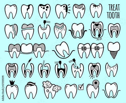 Tooth set icon dental treatment isolated collection.