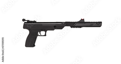 Modern sport air pistol with mechanical sight isolate on white back. Pneumatic guns for grade and entertainment.