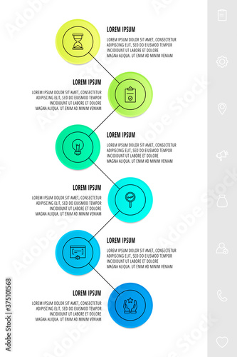 Infographics circles with 6 steps, icons. Flat line vector template. Can be used for six diagrams, business, web, flowchart, info graph, timeline, content, levels, chart. Data visualization.