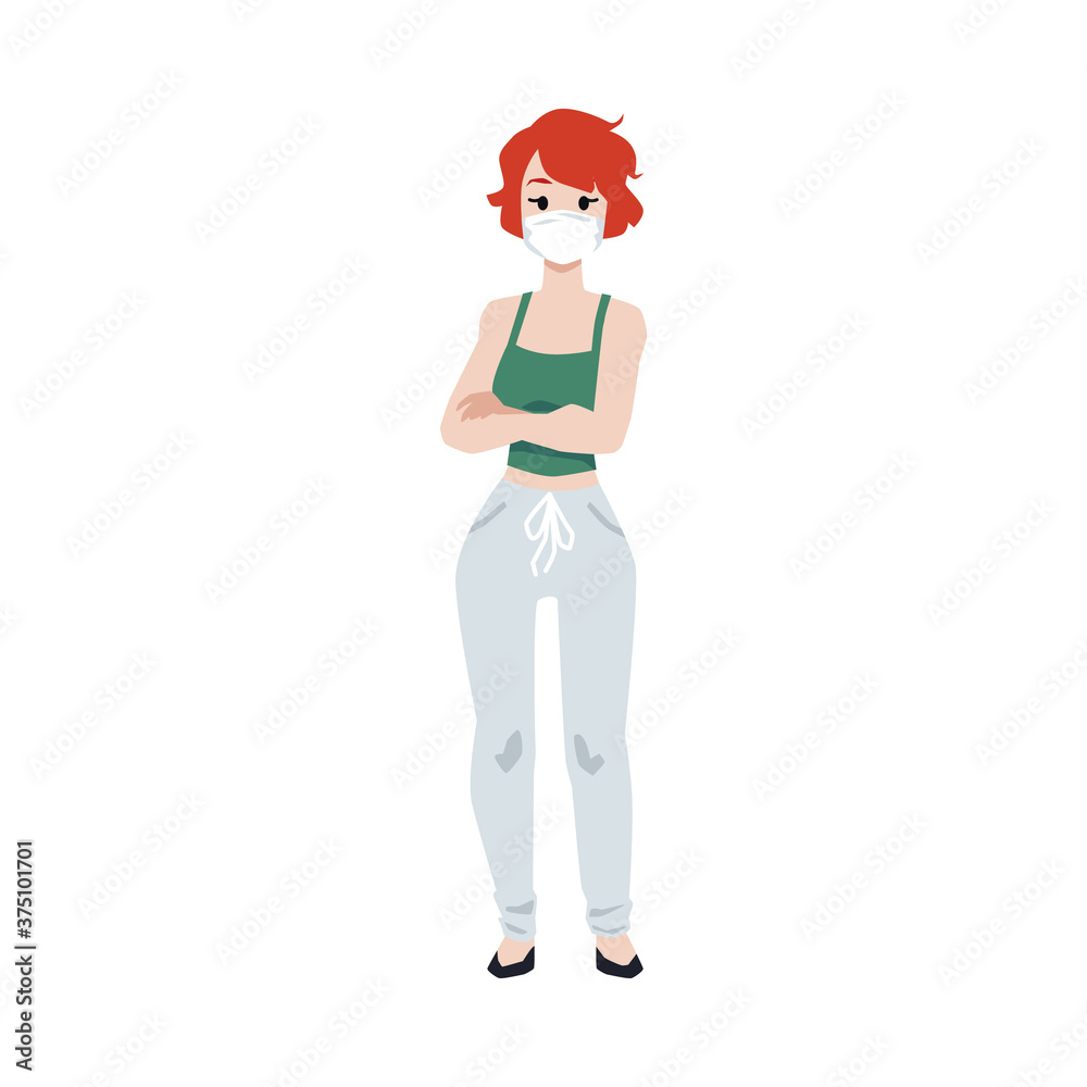 Young girl in face medical protective mask, flat vector illustration isolated. Young girl in face medical protective mask, flat vector illustration isolated.
