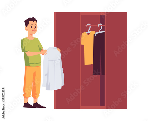 Vector illustration of a man putting clean clothes in a closet.