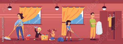 Room with family in house cleaning and domestic chores flat vector illustration.