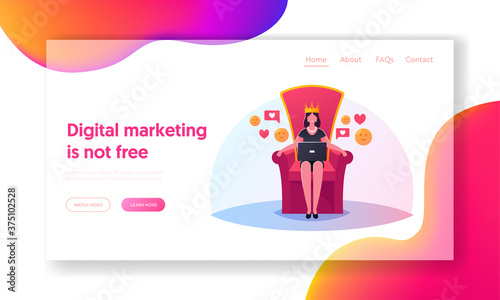 Fame Public Relations Landing Page Template. Queen Character with Laptop in Hands Sitting on Throne with Crown on Head