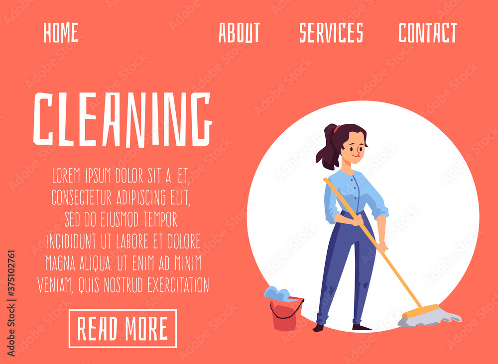 Cleaning service website banner with cartoon woman mopping the floor