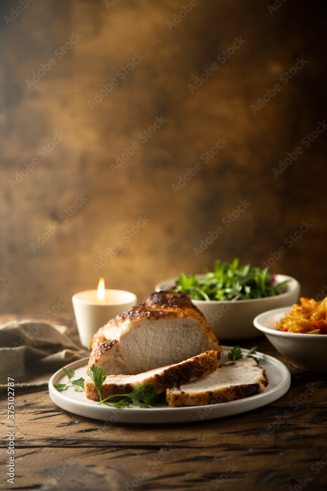 Homemade honey mustard roasted pork with fresh salad Homemade honey mustard roasted pork with fresh salad