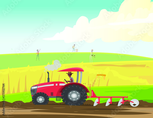 
Farmer digging ground for crops with tractor.