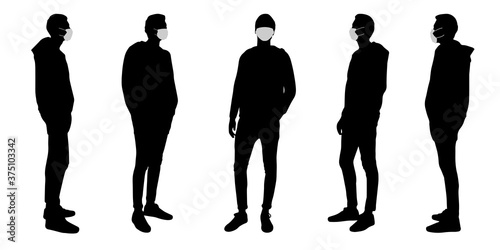 Vector concept conceptual  silhouette men talking while social distancing as means of prevention and protection against coronavirus contamination. A metaphor for the new normal.