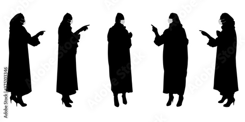 Vector concept conceptual  silhouette women working while social distancing as means of prevention and protection against coronavirus contamination. A metaphor for the new normal.