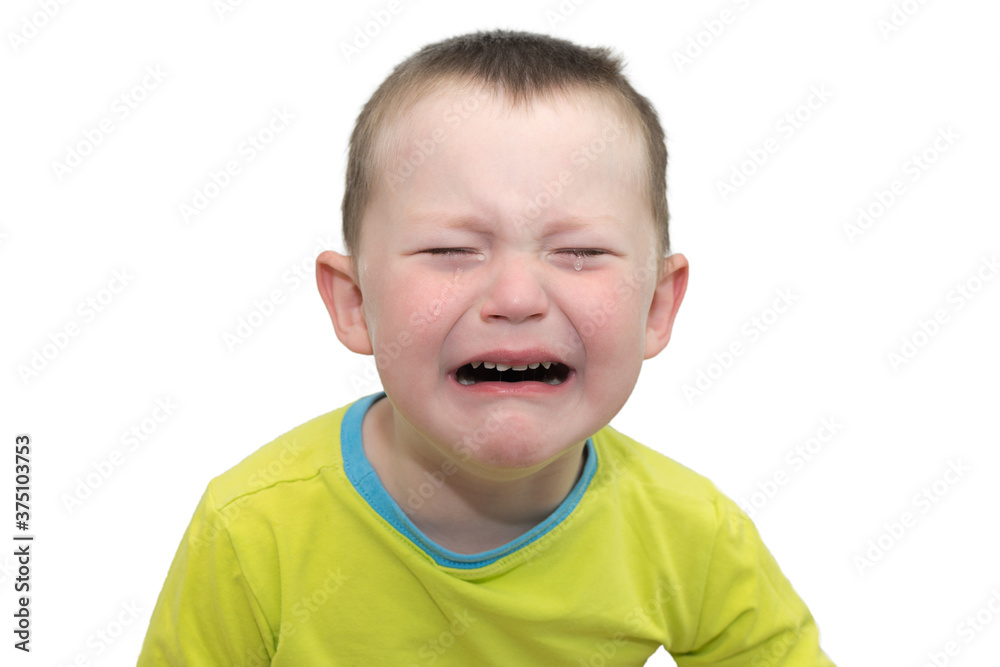 close-up of a crying boy with an open mouth and tears. The idea of a childish resentment, grief, disappointment. The child is isolated on a white background, horizontal photo, looks at the camera. close-up of a crying boy with an open mouth and tears. The idea of a childish resentment, grief, disappointment. The child is isolated on a white background, horizontal photo, looks at the camera.
